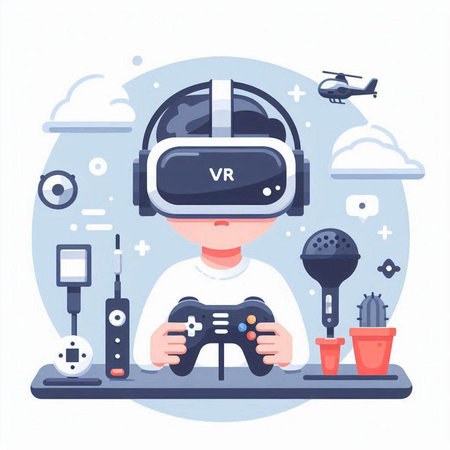 Man playing video games with virtual reality headset. Vector illustration in flat styleのイラスト素材
