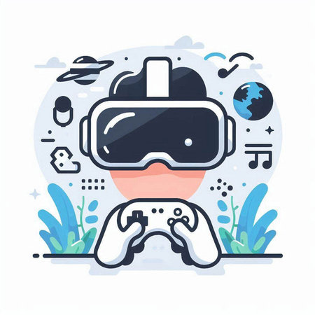 Vector illustration of man playing video games with virtual reality glasses. Flat line art style design for web, site, banner, poster, board and print.のイラスト素材