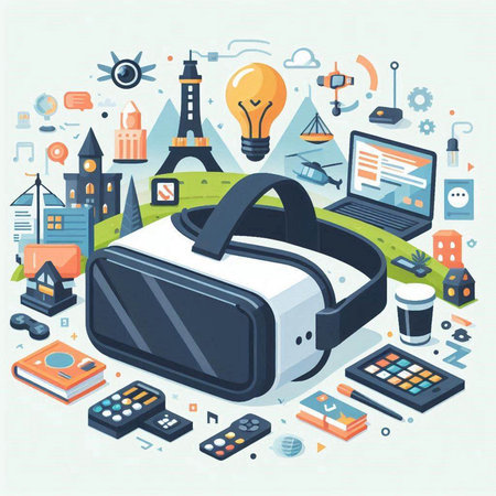 Virtual reality technology concept. Vector illustration in flat style. Virtual reality concept.のイラスト素材