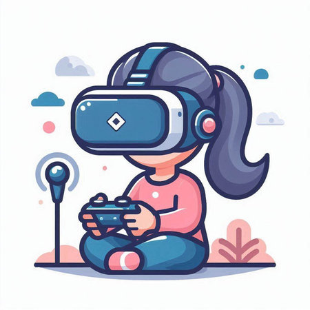 Girl playing video games with virtual reality headset. Flat style vector illustration.のイラスト素材
