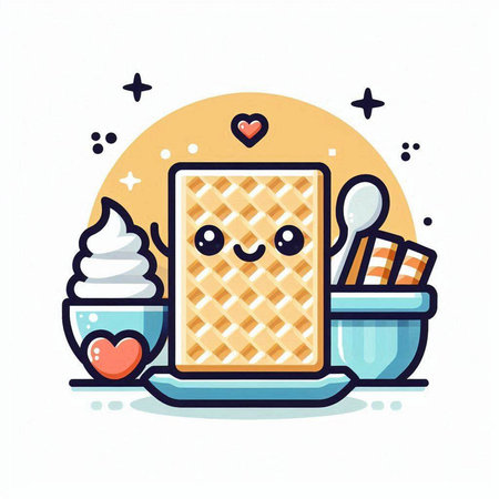 Cute waffle character with ice cream in bowl. Vector illustration.のイラスト素材