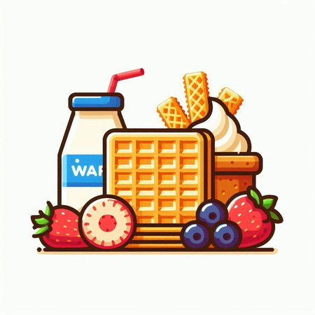 Vector illustration of a waffle with fruits and milk in a bottleのイラスト素材
