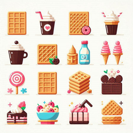 Set of vector icons with ice cream, waffle, chocolate, ice cream, wafflesのイラスト素材