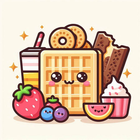 Vector illustration of cute waffle with fruits and ice cream in cartoon styleのイラスト素材