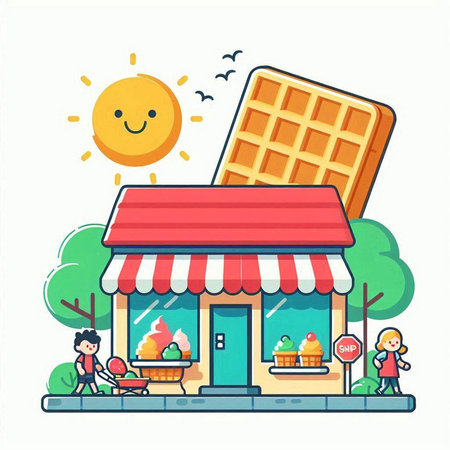 Vector illustration of a bakery shop with cute cartoon characters. Flat style design.のイラスト素材