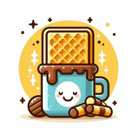 Cute cup of hot chocolate with waffles. Vector illustration.のイラスト素材