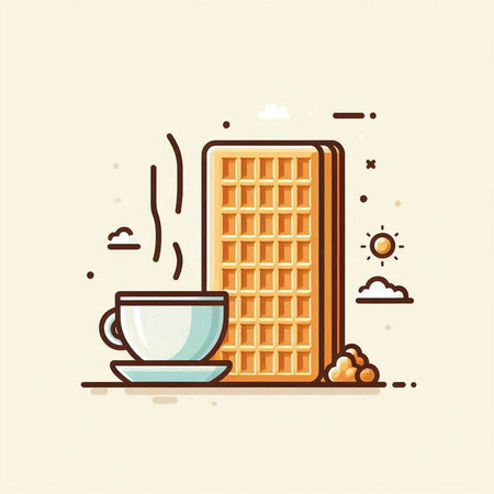 Coffee and waffles icon in flat line style. Vector illustration.のイラスト素材