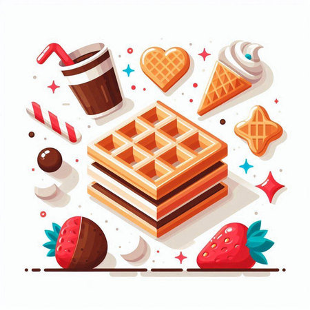 Belgian waffles with chocolate, strawberries and ice cream. Vector illustrationのイラスト素材