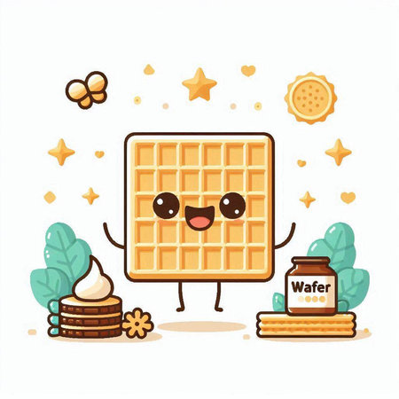 Cheerful cartoon waffle with cream and cookies. Vector illustrationのイラスト素材