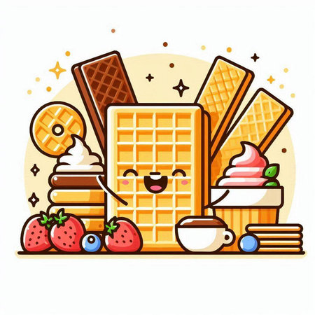 Vector illustration of a set of waffles, ice cream and strawberries.のイラスト素材