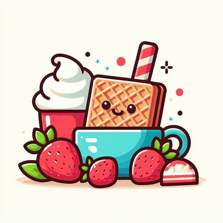 Cute cartoon wafer with ice cream and strawberries. Vector illustration.のイラスト素材