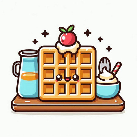 Cute cartoon waffle with whipped cream and cherry. Vector illustration.のイラスト素材