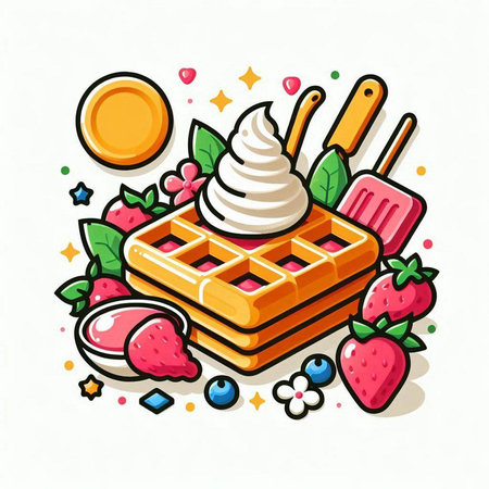 Belgian waffles with ice cream, strawberry and mint. Vector illustration.のイラスト素材