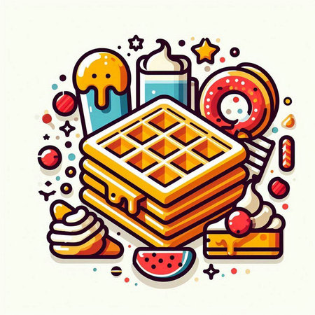 Vector illustration of tasty waffles with ice cream and candies.のイラスト素材