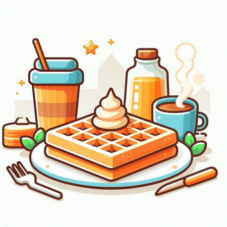 Vector illustration of a waffle, cup of coffee and dessert.のイラスト素材