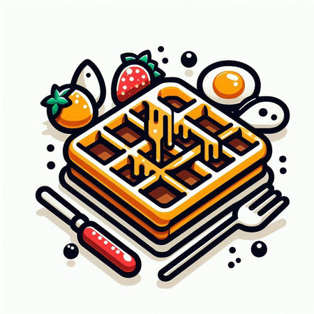Breakfast waffles with strawberries and fried eggs, vector illustration.のイラスト素材