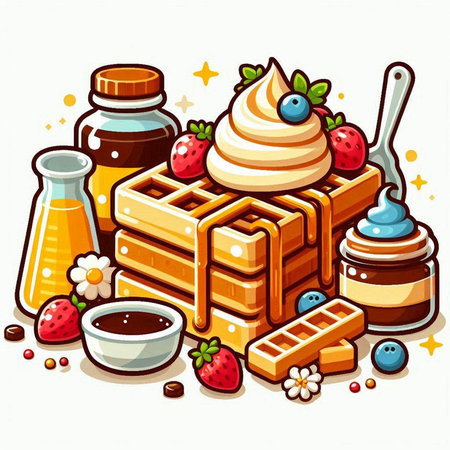 Belgian waffles with honey, cream and berries. Vector illustration.のイラスト素材