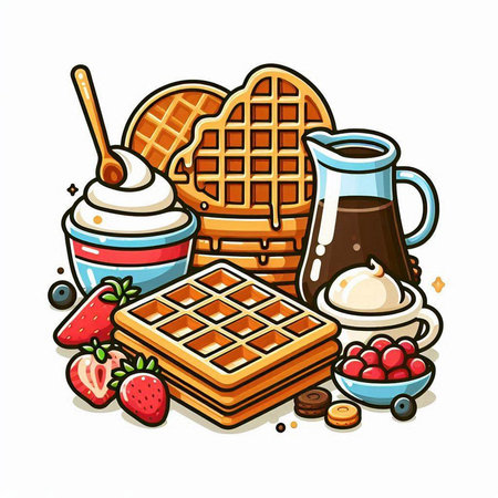 Belgian waffles, ice cream, coffee and berries. Vector illustration.のイラスト素材
