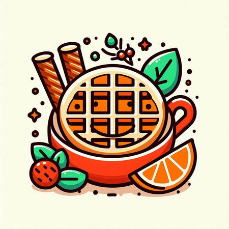 Round waffle with orange and cinnamon. Vector illustration in doodle style.のイラスト素材