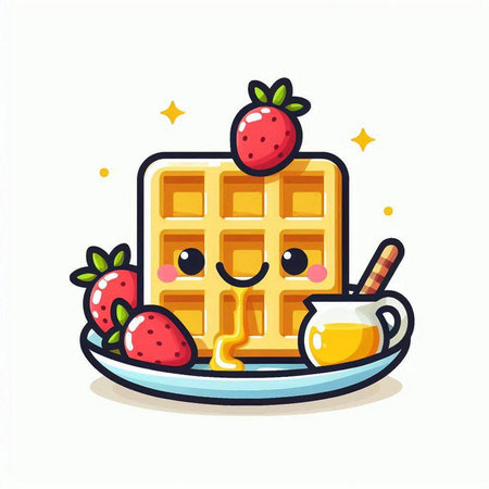 Cute waffle with strawberry, tea and honey. Vector illustrationのイラスト素材
