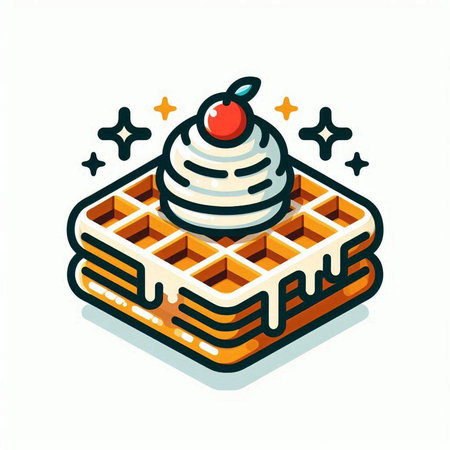 Belgian waffles with whipped cream and cherry on top. Vector illustration.のイラスト素材