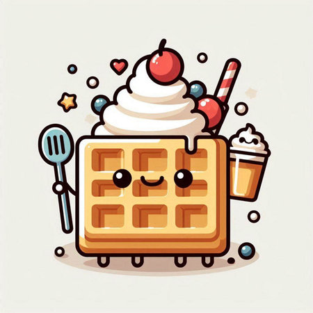 Cute waffle with whipped cream and ice cream. Vector illustration.のイラスト素材