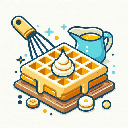 Belgian waffles with whipped cream and honey. Vector illustration.のイラスト素材
