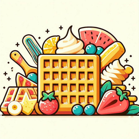 Illustration of waffle, ice cream, fruit and waffle basketのイラスト素材