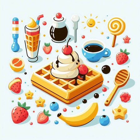 Vector illustration of a waffle, ice cream, fruit and berries.のイラスト素材