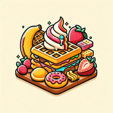 Vector illustration of a waffle with ice cream, strawberries, banana and donuts.のイラスト素材