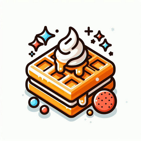 Belgian waffle with whipped cream and chocolate candy. Vector illustration.のイラスト素材