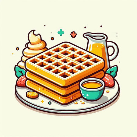 Belgian waffles with honey and ice cream. Vector illustration.のイラスト素材