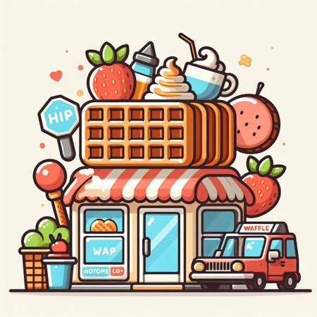 Vector illustration of ice cream shop. Icons of ice cream shop, cafe, restaurant, street food.のイラスト素材