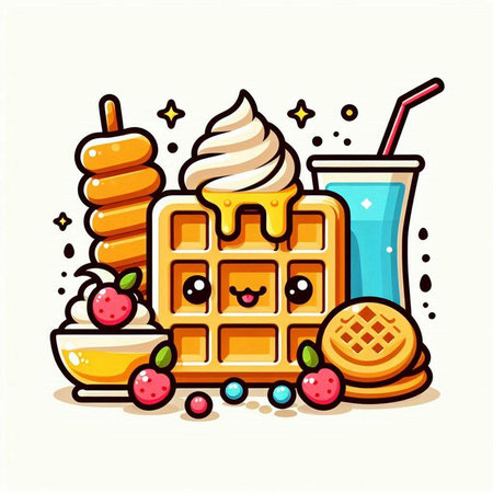Cute waffle with ice cream, waffles and fruit. Vector illustration.のイラスト素材