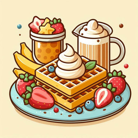 Belgian waffles with fruits and whipped cream. Vector illustration.のイラスト素材