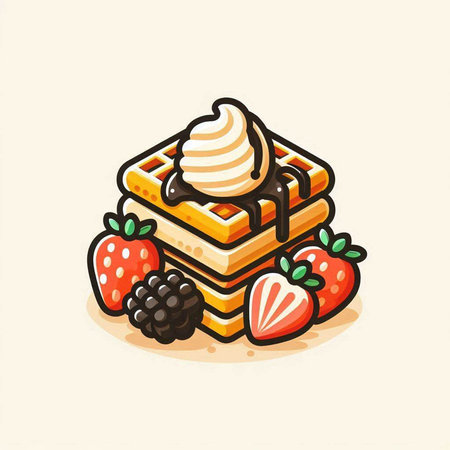 Illustration of a stack of waffles with ice cream and strawberriesのイラスト素材