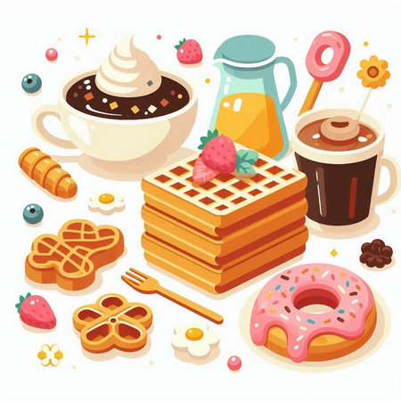 Vector illustration of a set of sweets, waffles, coffee and cookies.のイラスト素材