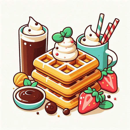 Vector illustration of a tasty waffles with whipped cream, chocolate and strawberryのイラスト素材