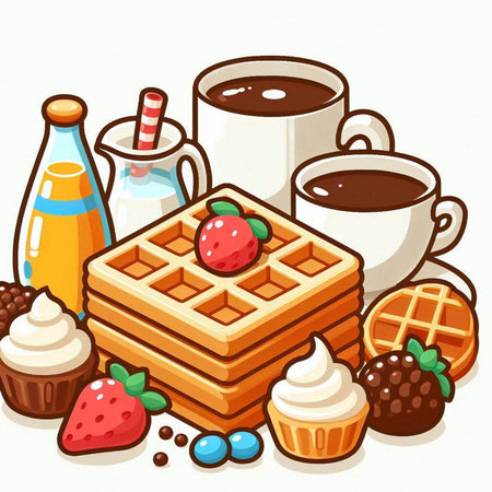 Illustration of a Breakfast Set with a Cup of Coffee, Waffles and Chocolateのイラスト素材