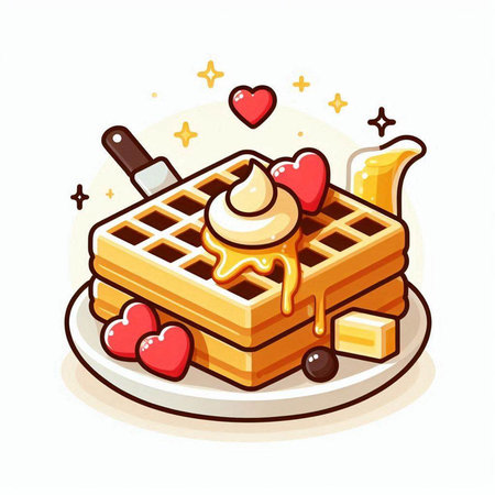 Belgian waffles with ice cream, hearts and syrup. Vector illustration.のイラスト素材