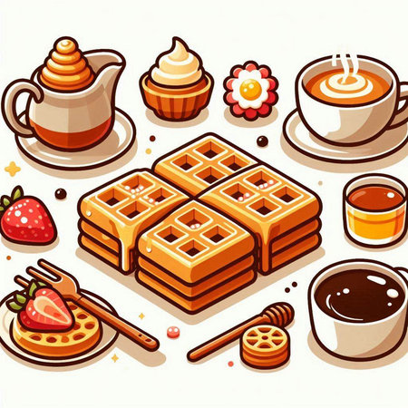A vector illustration of a set of different breakfast items: waffles, coffee, honey, strawberry, ice cream.のイラスト素材