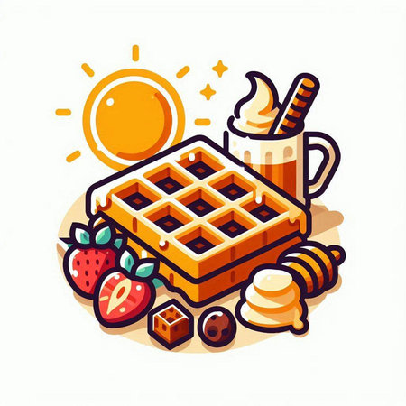Vector illustration of a waffle with honey, ice cream and strawberriesのイラスト素材