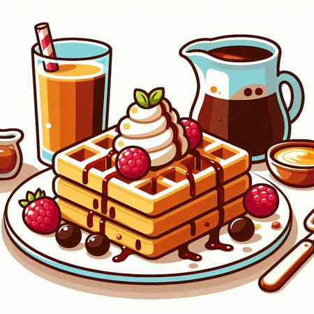 Belgian waffles with whipped cream, honey and berries. Vector illustration.のイラスト素材