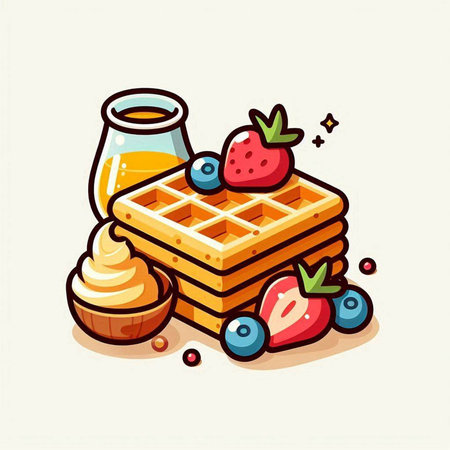 Vector illustration of waffles with ice cream, strawberries and blueberriesのイラスト素材