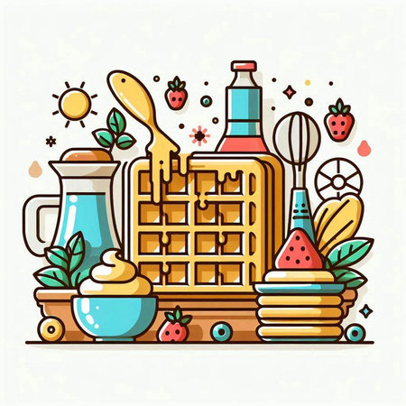 Vector illustration of waffle, ice cream, syrup, honey, fruits, berries.のイラスト素材