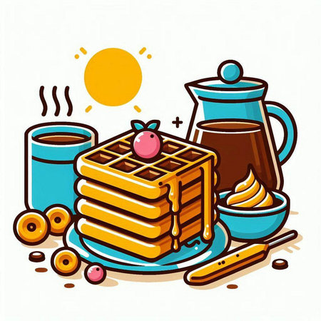 Breakfast with waffles, coffee and cookies. Vector illustration.のイラスト素材