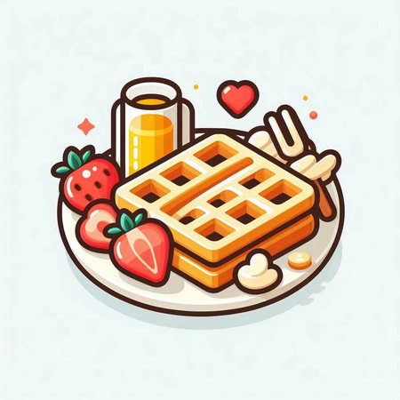 Vector illustration of sweet breakfast. Waffles, strawberries and juice.のイラスト素材