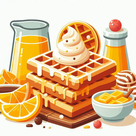 Belgian waffles with whipped cream and orange juice. Vector illustration.のイラスト素材
