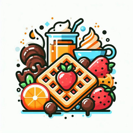 Strawberry, orange, chocolate, ice cream and waffles. Vector illustration.のイラスト素材