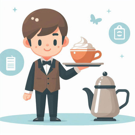Illustration of a waiter serving a cup of coffee and a teapotのイラスト素材